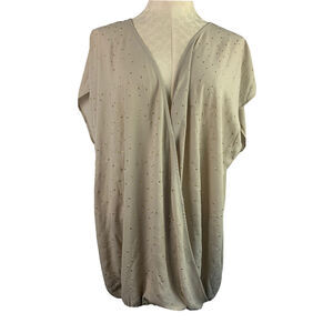 22/24 Lane Bryant Tan Goldtone Jewel Faux Wrap Banded Bottom Top Sheer